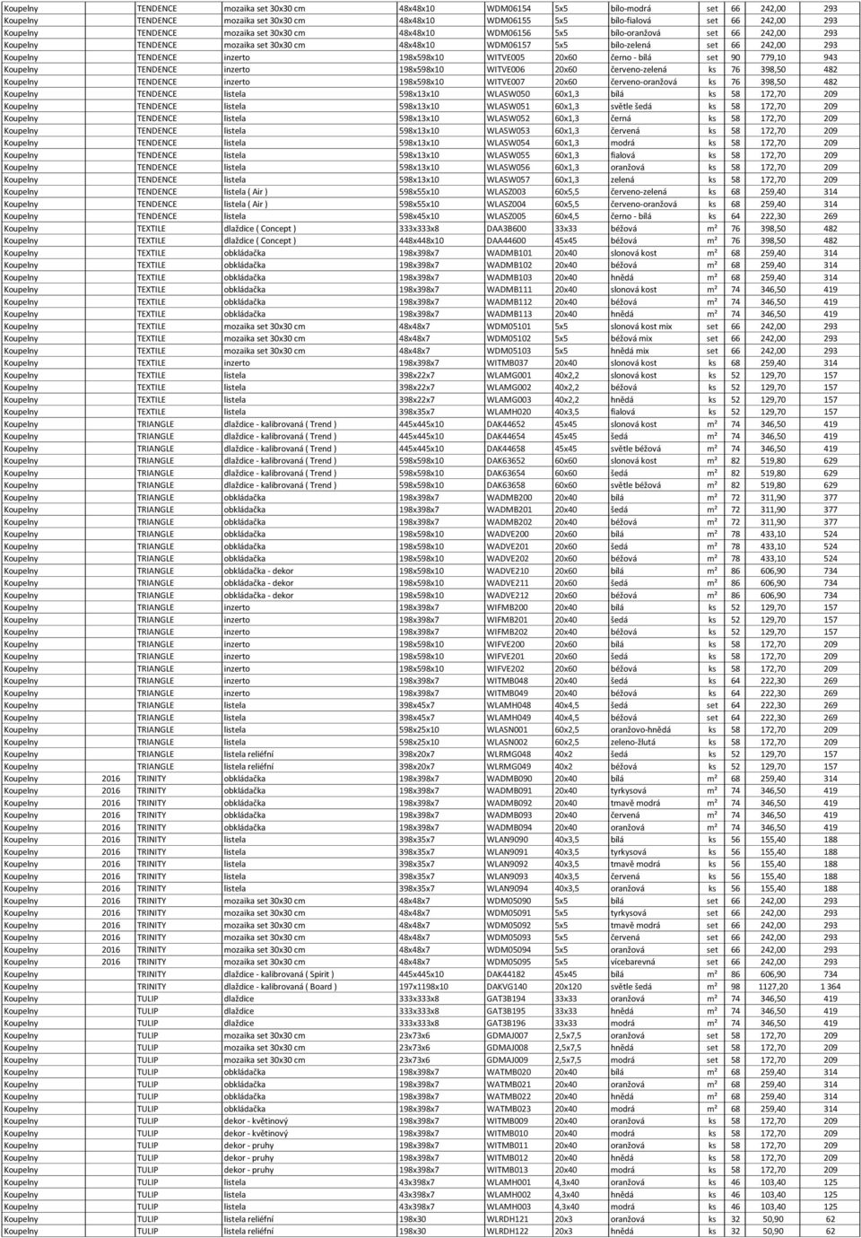 198x598x10 WITVE005 20x60 černo - bílá set 90 779,10 943 Koupelny TENDENCE inzerto 198x598x10 WITVE006 20x60 červeno-zelená ks 76 398,50 482 Koupelny TENDENCE inzerto 198x598x10 WITVE007 20x60