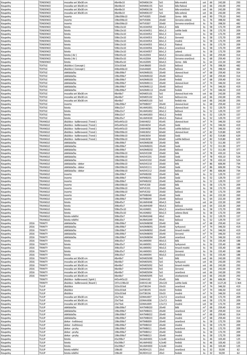 198x598x10 WITVE005 20x60 černo - bílá set 90 779,10 943 Koupelny TENDENCE inzerto 198x598x10 WITVE006 20x60 červeno-zelená ks 76 398,50 482 Koupelny TENDENCE inzerto 198x598x10 WITVE007 20x60