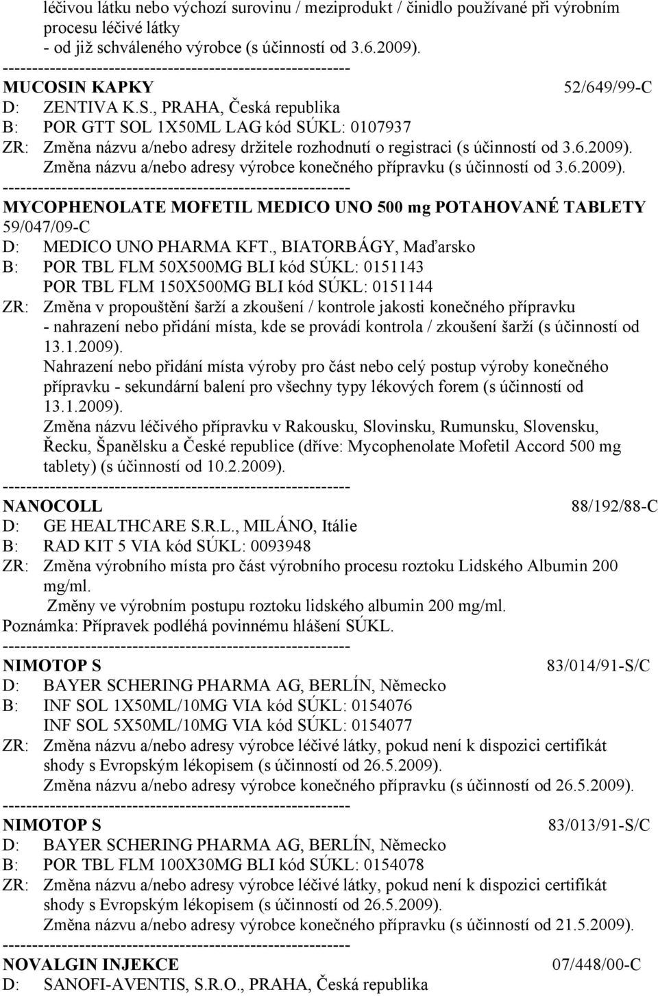 Změna názvu a/nebo adresy výrobce konečného přípravku (s účinností od 3.6.2009). MYCOPHENOLATE MOFETIL MEDICO UNO 500 mg POTAHOVANÉ TABLETY 59/047/09-C D: MEDICO UNO PHARMA KFT.