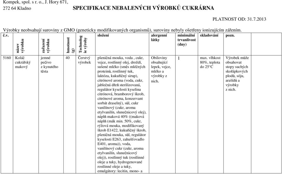 5160 Koláč makový jemné pečivo z kynutého těsta 40 Čerstvý pšeničná mouka, voda, cukr, vejce, rostlinný olej, droždí, sušené mléko (směs mléčných proteinů, rostlinný tuk, laktóza, kukuřičný sirup),