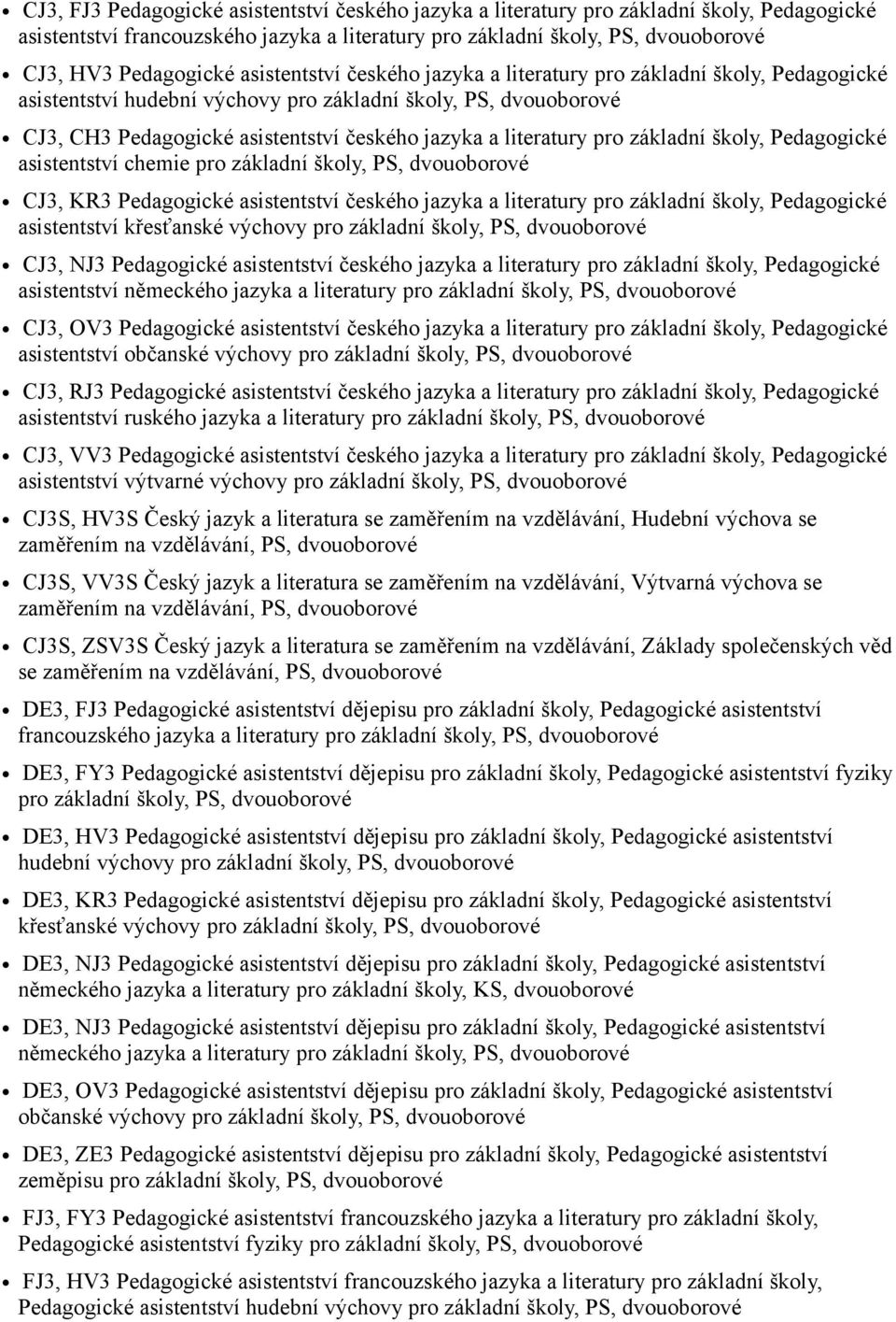 pro základní školy, Pedagogické asistentství chemie pro základní školy, PS, dvouoborové CJ3, KR3 Pedagogické asistentství českého jazyka a literatury pro základní školy, Pedagogické asistentství