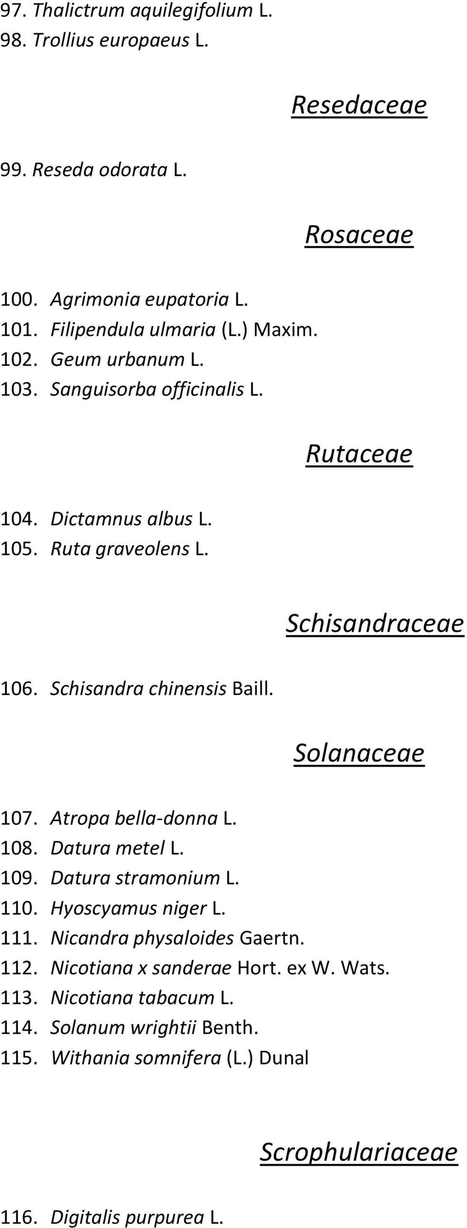 Schisandra chinensis Baill. Solanaceae 107. Atropa bella-donna L. 108. Datura metel L. 109. Datura stramonium L. 110. Hyoscyamus niger L. 111.