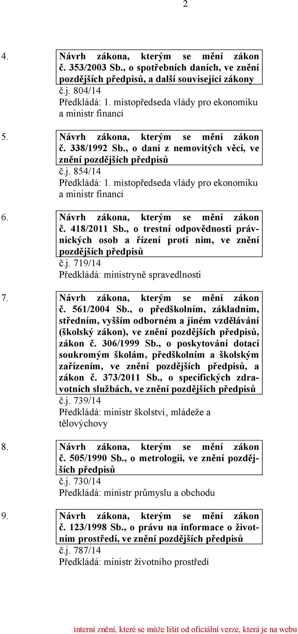 , o trestní odpovědnosti právnických osob a řízení proti nim, ve znění pozdějších předpisů č.j. 719/14 Předkládá: ministryně spravedlnosti 7. Návrh zákona, kterým se mění zákon č. 561/2004 Sb.