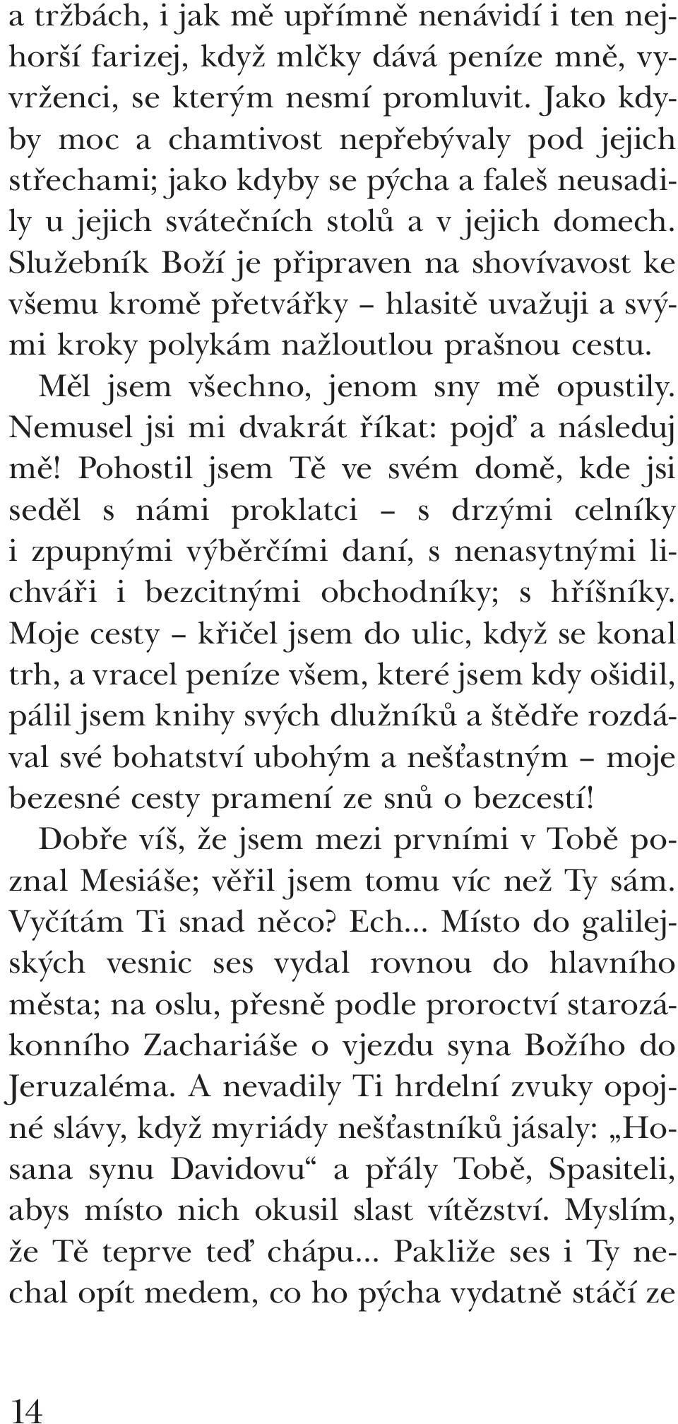 Služebník Boží je připraven na shovívavost ke všemu kromě přetvářky hlasitě uvažuji a svými kroky polykám nažloutlou prašnou cestu. Měl jsem všechno, jenom sny mě opustily.