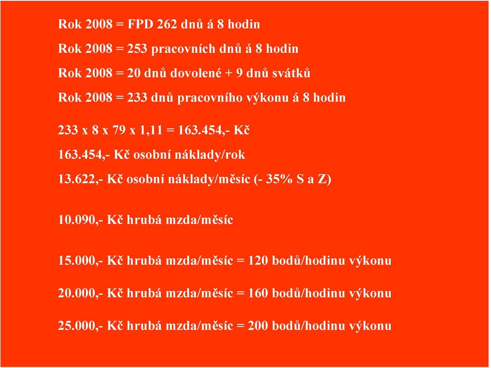 622,- Kč osobní náklady/měsíc (- 35% S a Z) 10.090,- Kč hrubá mzda/měsíc 15.