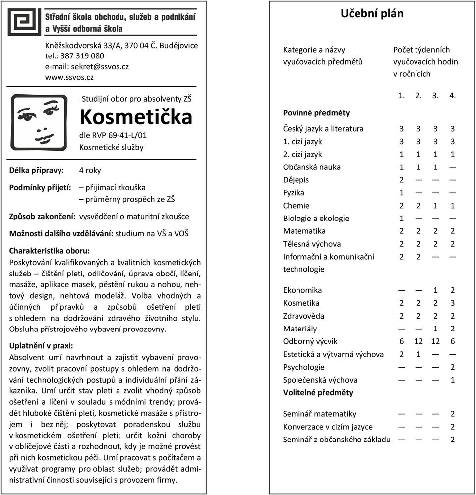 cz Kategorie a názvy vyučovacích předmětů Počet týdenních vyučovacích hodin v ročnících Délka přípravy: Podmínky přijetí: Studijní obor pro absolventy ZŠ Kosmetička dle RVP 69-41-L/01 Kosmetické