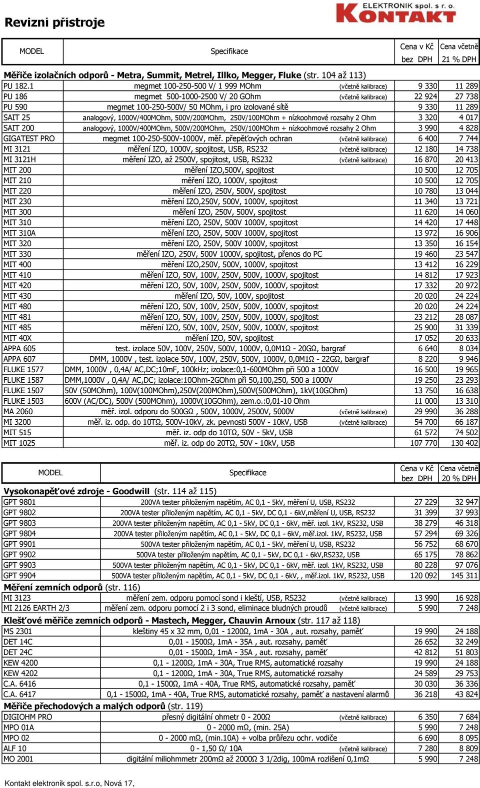 330 11 289 SAIT 25 analogový, 1000V/400MOhm, 500V/200MOhm, 250V/100MOhm + nízkoohmové rozsahy 2 Ohm 3 320 4 017 SAIT 200 analogový, 1000V/400MOhm, 500V/200MOhm, 250V/100MOhm + nízkoohmové rozsahy 2