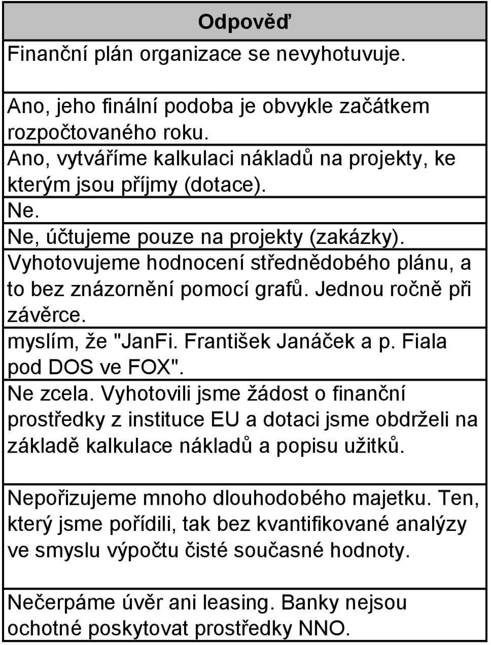 Vyhotovujeme hodnocení střednědobého plánu, a to bez znázornění pomocí grafů. Jednou ročně při závěrce. myslím, že "JanFi. František Janáček a p. Fiala pod DOS ve FOX". Ne zcela.