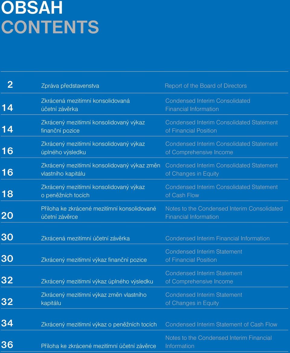 peněžních tocích Příloha ke zkrácené mezitímní konsolidované účetní závěrce Condensed Interim Consolidated Financial Information Condensed Interim Consolidated Statement of Financial Position