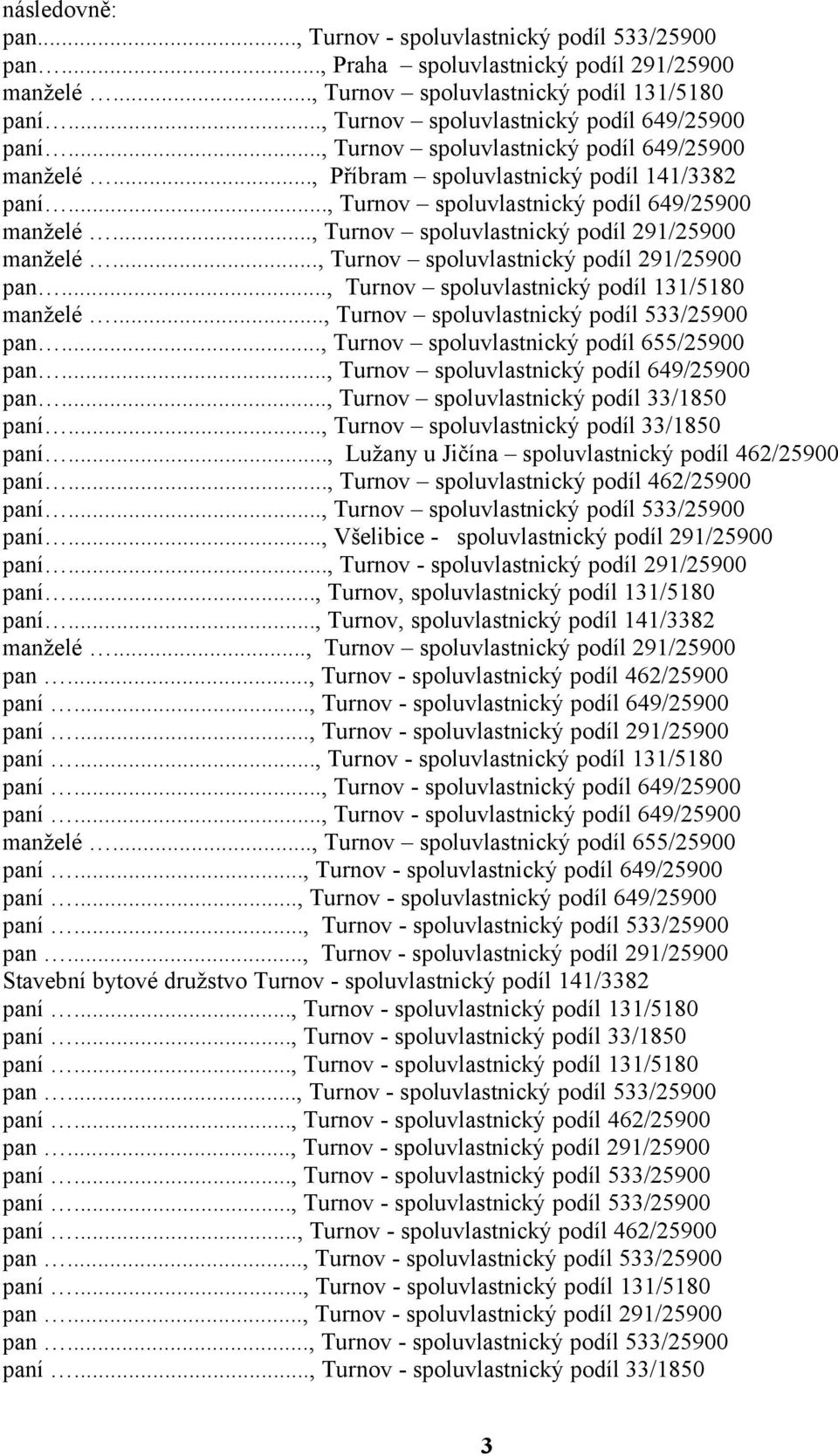 .., Turnov spoluvlastnický podíl 291/25900 pan..., Turnov spoluvlastnický podíl 131/5180 manželé..., Turnov spoluvlastnický podíl 533/25900 pan..., Turnov spoluvlastnický podíl 655/25900 pan.