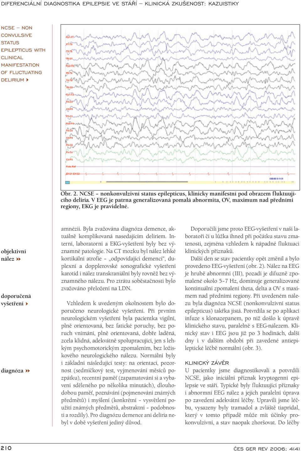 Byla zvažována diagnóza demence, aktuálně komplikovaná nasedajícím deliriem. Interní, laboratorní a EKG-vyšetření byly bez významné patologie.