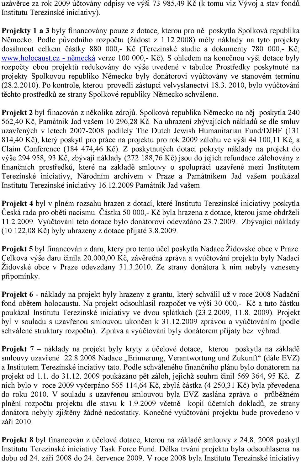 2008) měly náklady na tyto projekty dosáhnout celkem částky 880 000,- Kč (Terezínské studie a dokumenty 780 000,- Kč; www.holocaust.cz - německá verze 100 000,- Kč).