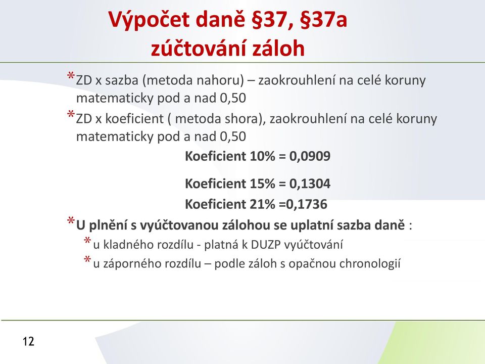 Koeficient 10% = 0,0909 Koeficient 15% = 0,1304 Koeficient 21% =0,1736 *U plnění s vyúčtovanou zálohou se