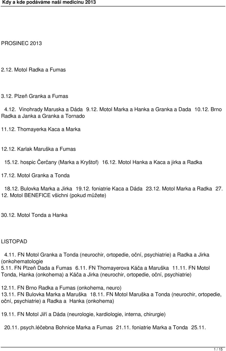 12. Motol Marka a Radka 27. 12. Motol BENEFICE všichni (pokud můžete) 30.12. Motol Tonda a Hanka LISTOPAD 4.11. FN Motol Granka a Tonda (neurochir, ortopedie, oční, a Radka a Jirka (onkohematologie 5.