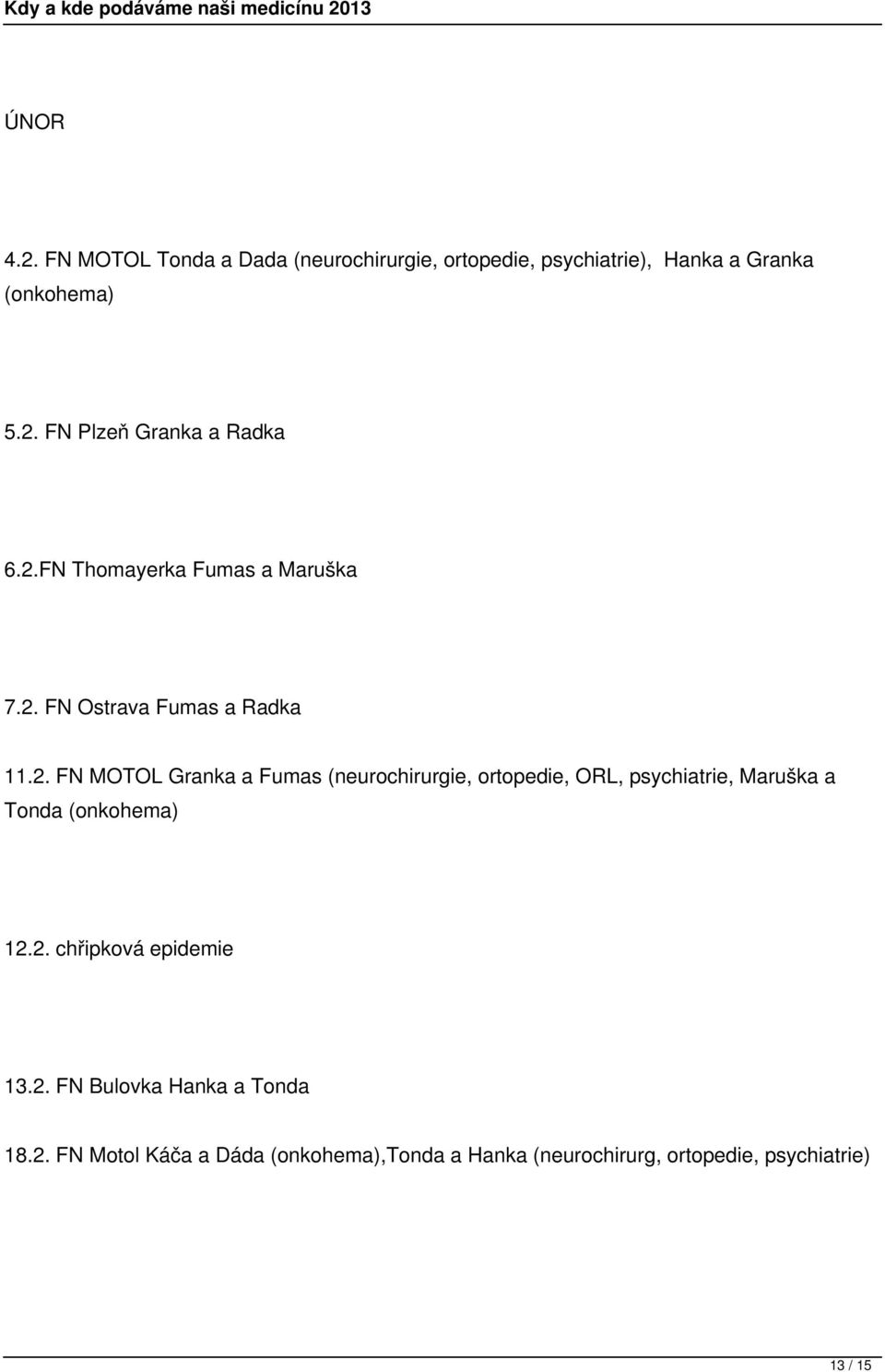 2. chřipková epidemie 13.2. FN Bulovka Hanka a Tonda 18.2. FN Motol Káča a Dáda (onkohema),tonda a Hanka (neurochirurg, ortopedie, 13 / 15