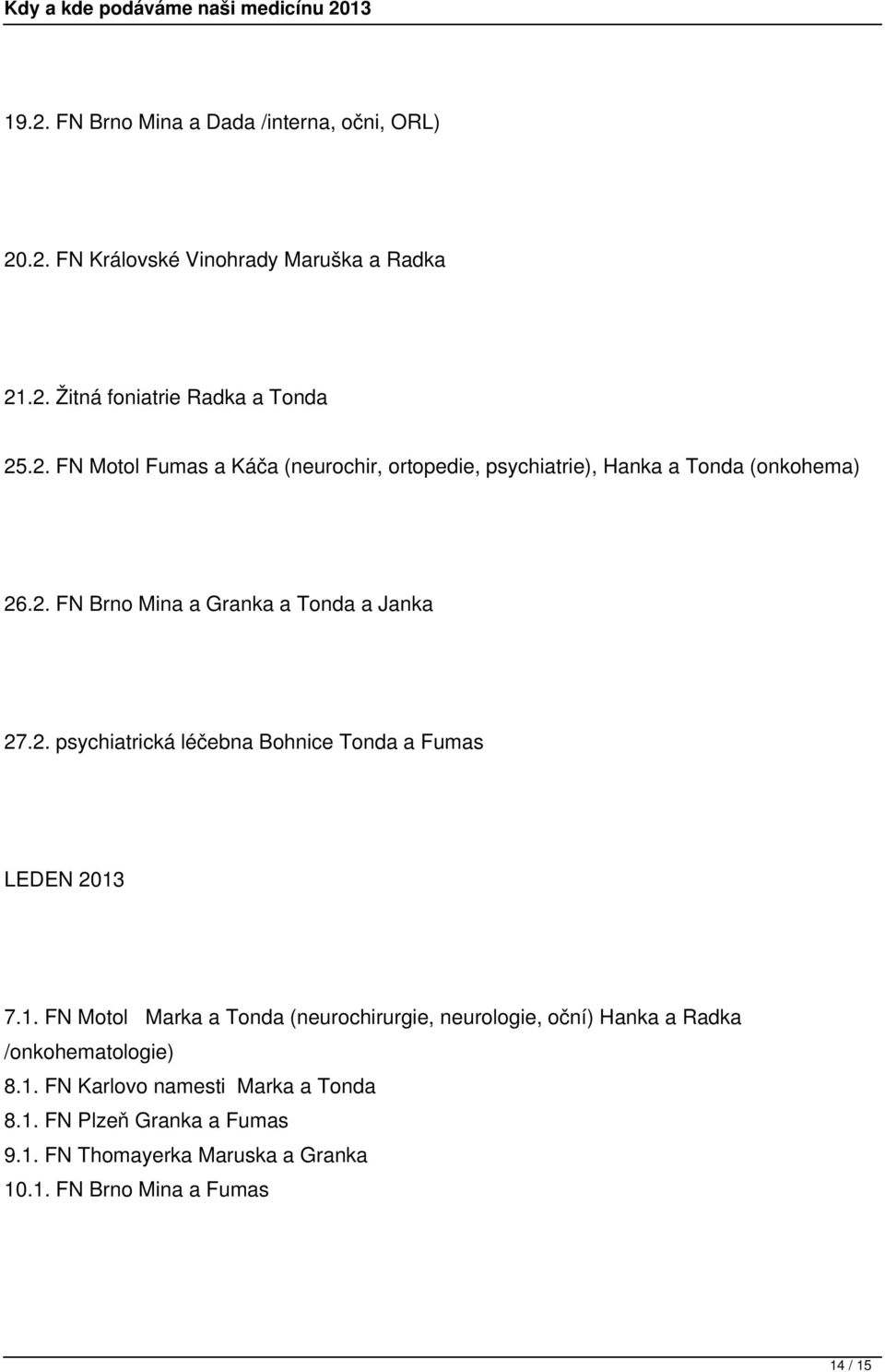 7.1. FN Motol Marka a Tonda (neurochirurgie, neurologie, oční) Hanka a Radka /onkohematologie) 8.1. FN Karlovo namesti Marka a Tonda 8.