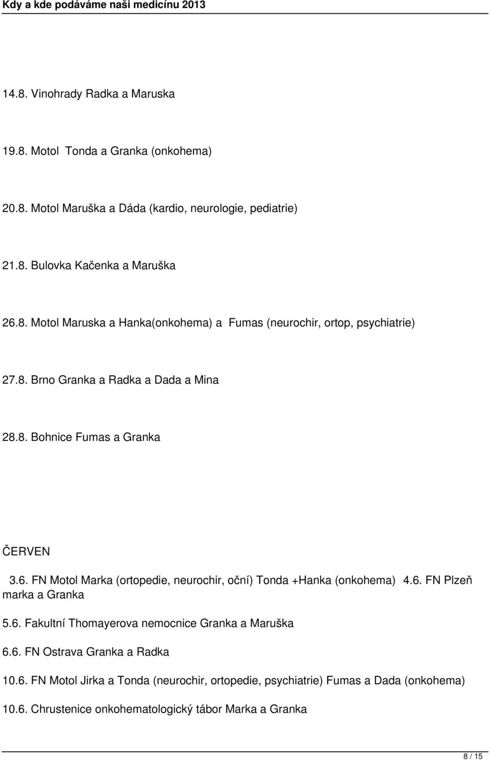 FN Motol Marka (ortopedie, neurochir, oční) Tonda +Hanka (onkohema) 4.6. FN Plzeň marka a Granka 5.6. Fakultní Thomayerova nemocnice Granka a Maruška 6.6. FN Ostrava Granka a Radka 10.