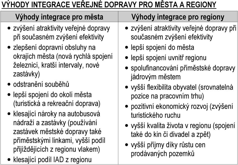 (používání zastávek městské dopravy také příměstskými linkami, vyšší podíl přijíždějících z regionu vlakem) klesající podíl IAD z regionu Výhody integrace pro regiony zvýšení atraktivity veřejné