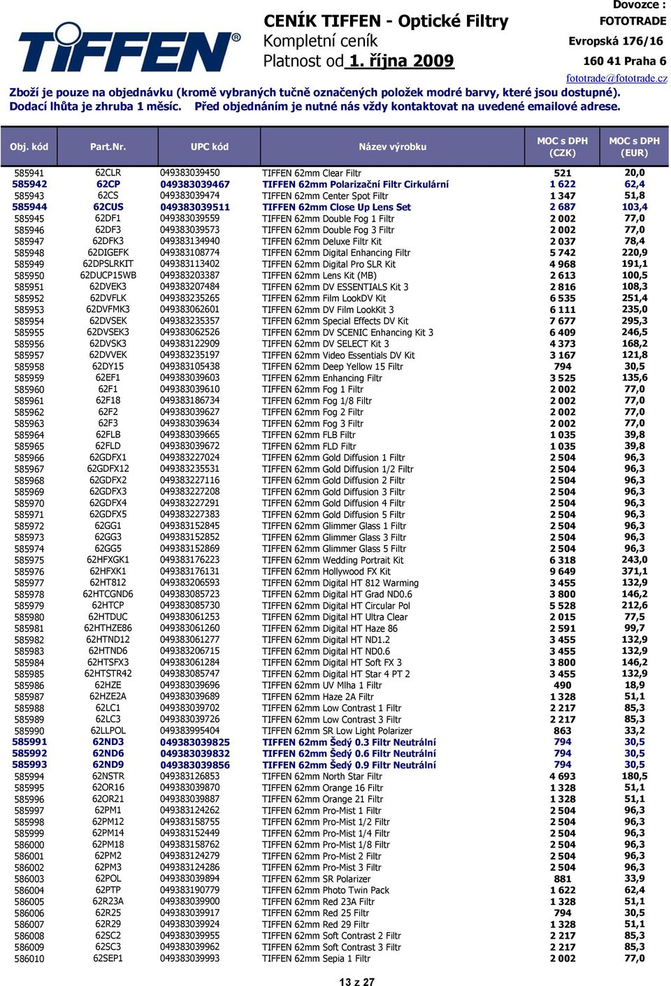 002 77,0 585947 62DFK3 049383134940 TIFFEN 62mm Deluxe Filtr Kit 2 037 78,4 585948 62DIGEFK 049383108774 TIFFEN 62mm Digital Enhancing Filtr 5 742 220,9 585949 62DPSLRKIT 049383113402 TIFFEN 62mm