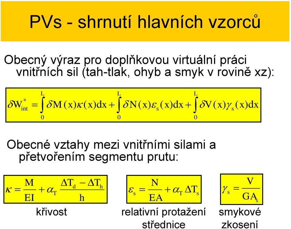 V ( x) ( x)dx * int 0 0 0 Obecné vztahy mezi vnitřními ilami a přetvořením