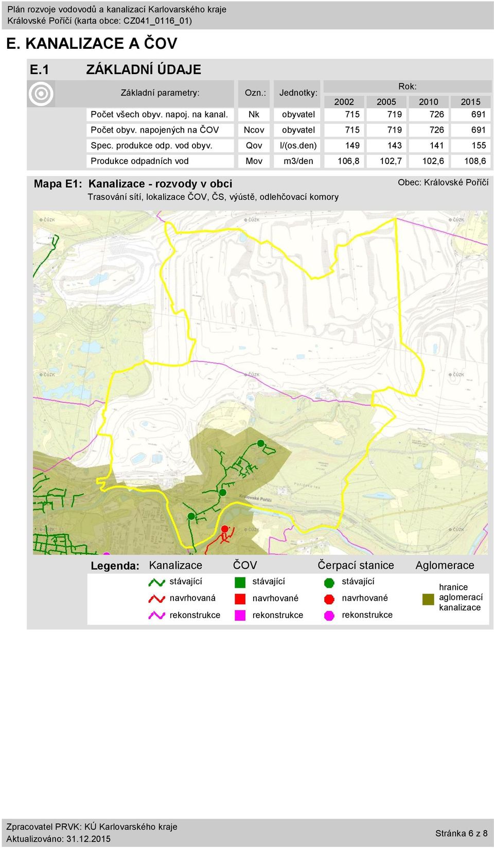 den) 149 143 141 155 Produkce odpadních vod Mov m3/den 16,8 12,7 12,6 18,6 Mapa E1: Kanalizace - rozvody v obci Trasování sítí, lokalizace ČOV, ČS, výústě,