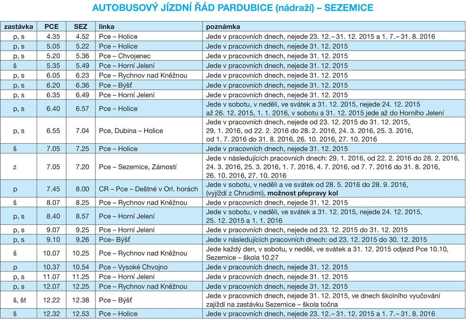 12. 2015 p, s 6.05 6.23 Pce Rychnov nad Kněžnou Jede v pracovních dnech, nejede 31. 12. 2015 p, s 6.20 6.36 Pce Býšť Jede v pracovních dnech, nejede 31. 12. 2015 p, s 6.35 6.