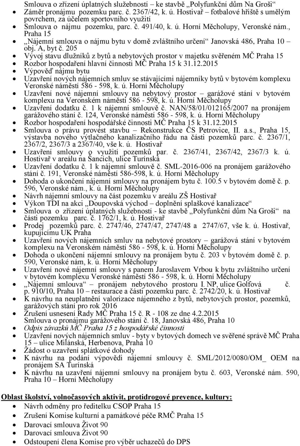 205 Vývoj stavu dlužníků z bytů a nebytových prostor v majetku svěřeném MČ Praha 15 Rozbor hospodaření hlavní činnosti MČ Praha 15 k 31.12.