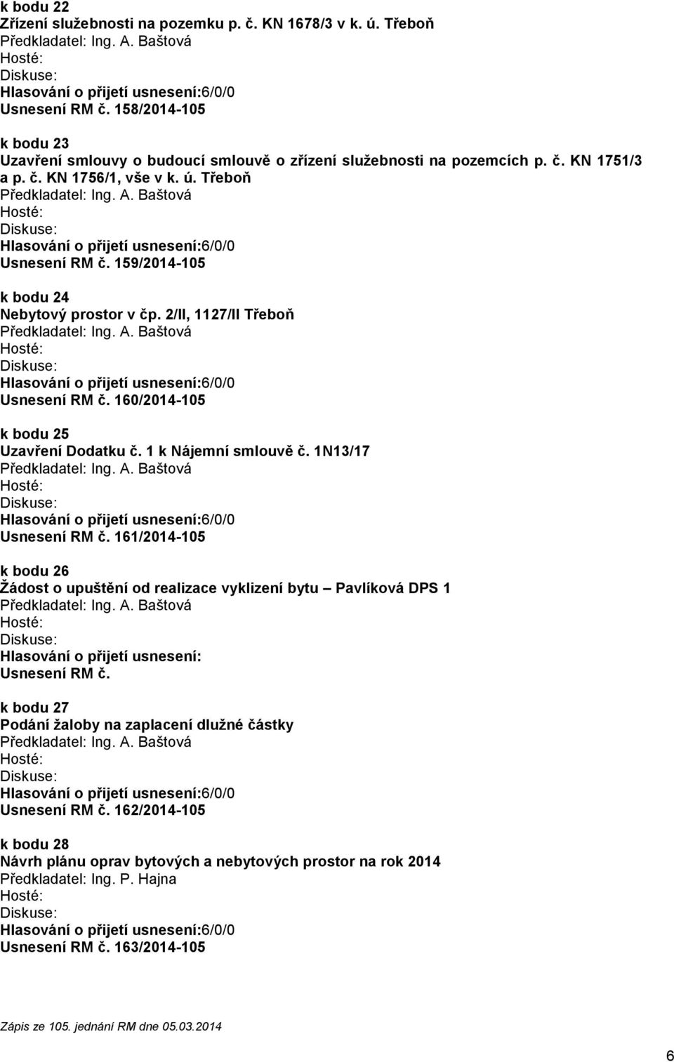 1 k Nájemní smlouvě č. 1N13/17 Usnesení RM č. 161/2014-105 k bodu 26 Žádost o upuštění od realizace vyklizení bytu Pavlíková DPS 1 Hlasování o přijetí usnesení: Usnesení RM č.