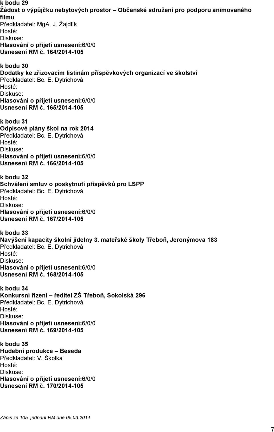 165/2014-105 k bodu 31 Odpisové plány škol na rok 2014 Usnesení RM č. 166/2014-105 k bodu 32 Schválení smluv o poskytnutí příspěvků pro LSPP Usnesení RM č.