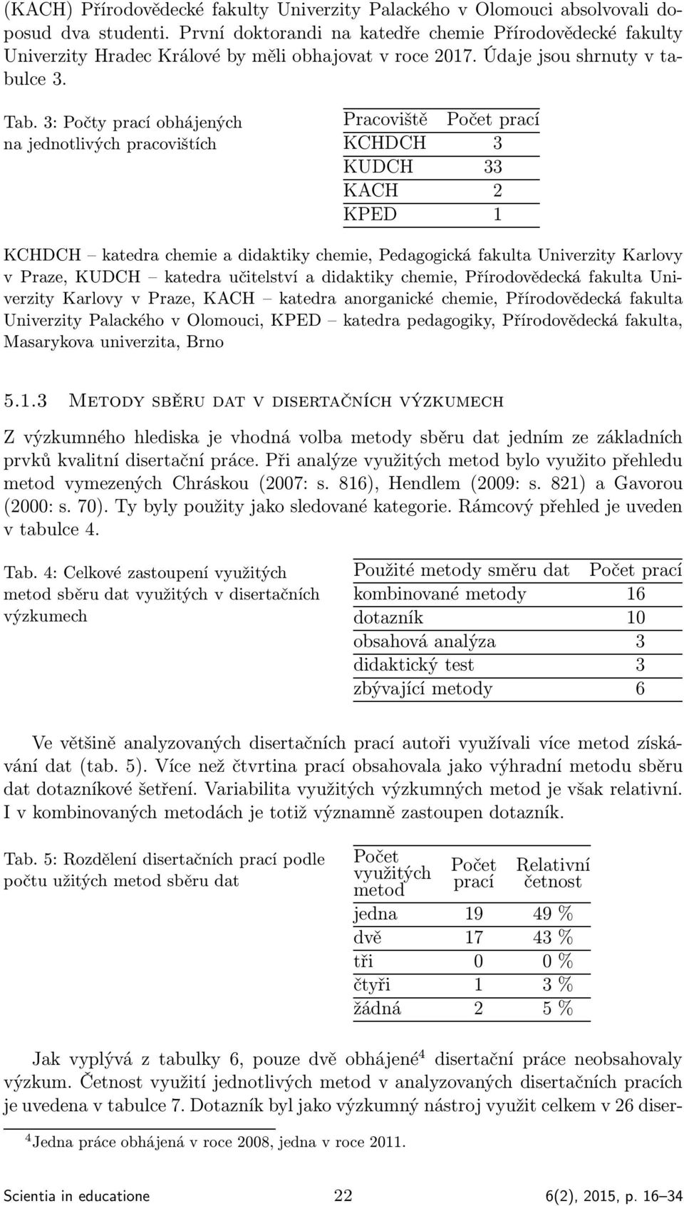 3: Počty prací obhájených na jednotlivých pracovištích Pracoviště Počet prací KCHDCH 3 KUDCH 33 KACH 2 KPED 1 KCHDCH katedra chemie a didaktiky chemie, Pedagogická fakulta Univerzity Karlovy v Praze,