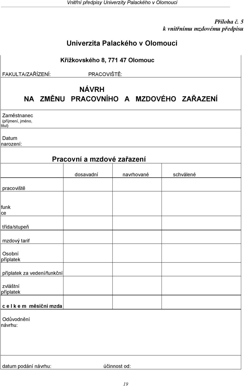 (příjmení, jméno, titul) Datum narození: Pracovní a mzdové zařazení pracoviště dosavadní navrhované schválené funk ce