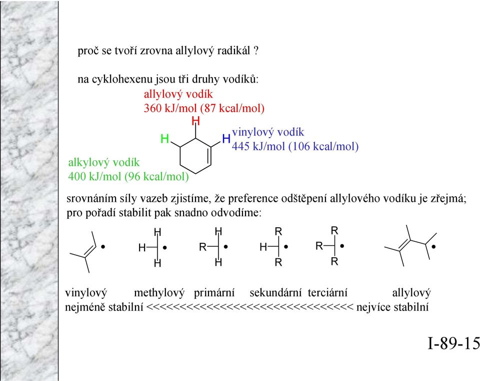 kcal/mol) alkylový vodík 400 kj/mol (96 kcal/mol) srovnáním síly vazeb zjistíme, že preference odštěpení allylového