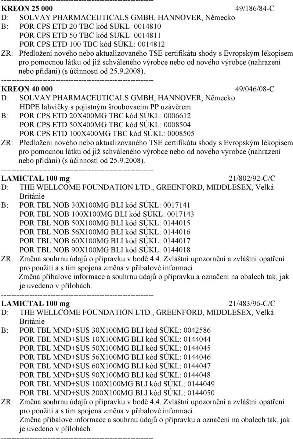 2008). KREON 40 000 49/046/08-C D: SOLVAY PHARMACEUTICALS GMBH, HANNOVER, Německo HDPE lahvičky s pojistným šroubovacím PP uzávěrem.