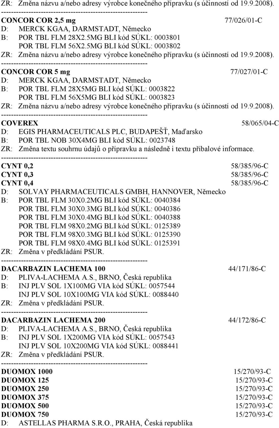 CONCOR COR 5 mg 77/027/01-C D: MERCK KGAA, DARMSTADT, Německo B: POR TBL FLM 28X5MG BLI kód SÚKL: 0003822 POR TBL FLM 56X5MG BLI kód SÚKL: 0003823 ZR: Změna názvu a/nebo adresy výrobce konečného