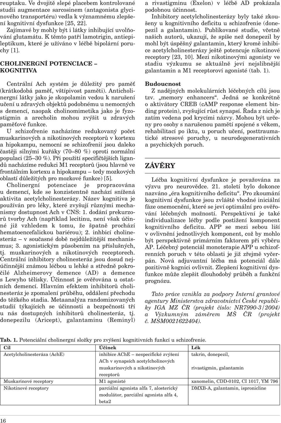 CHOLINERGNÍ POTENCIACE KOGNITIVA Centrální Ach systém je důležitý pro paměť (krátkodobá paměť, vštípivost paměti).
