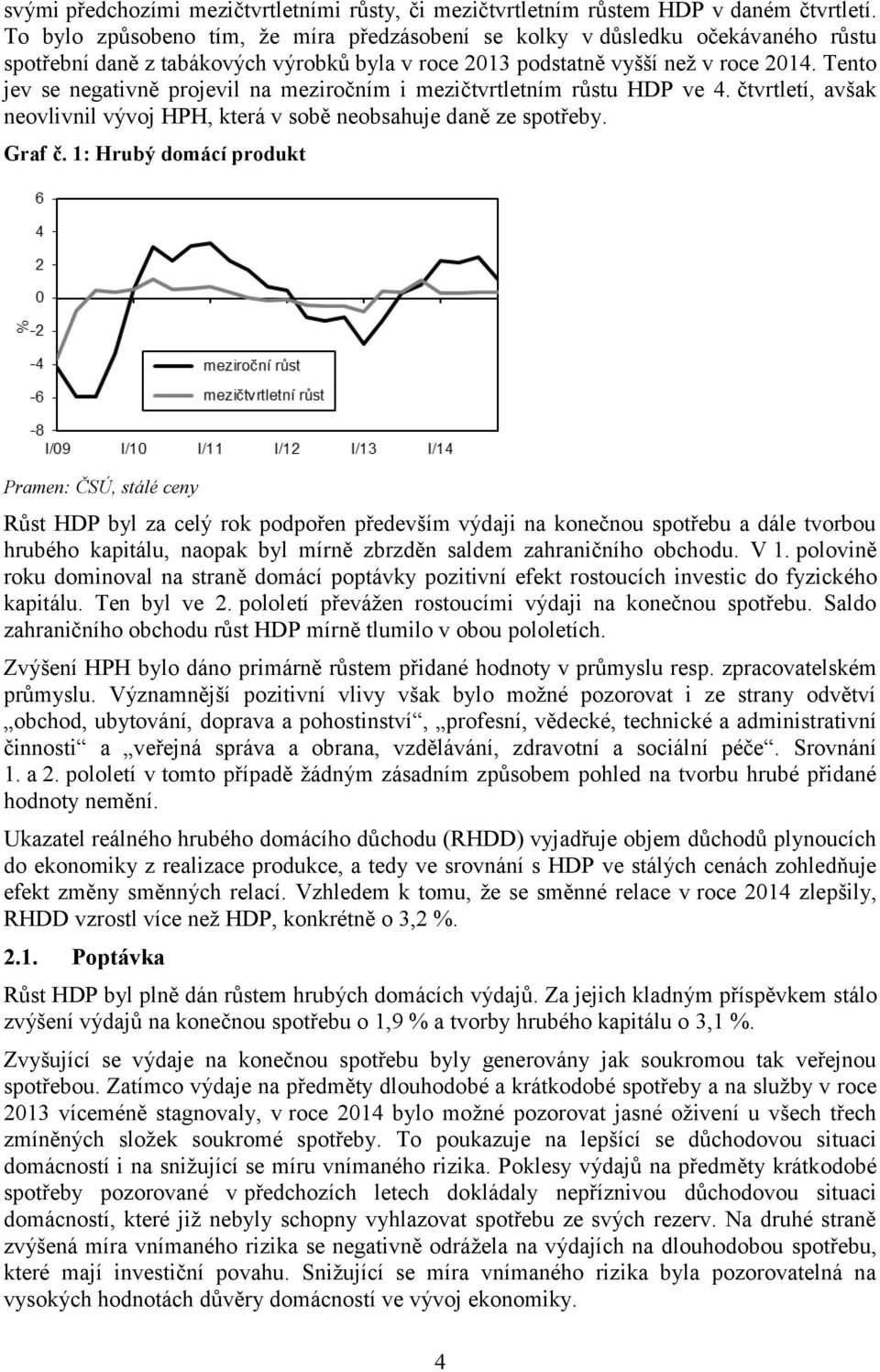 Tento jev se negativně projevil na meziročním i mezičtvrtletním růstu HDP ve 4. čtvrtletí, avšak neovlivnil vývoj HPH, která v sobě neobsahuje daně ze spotřeby. Graf č.