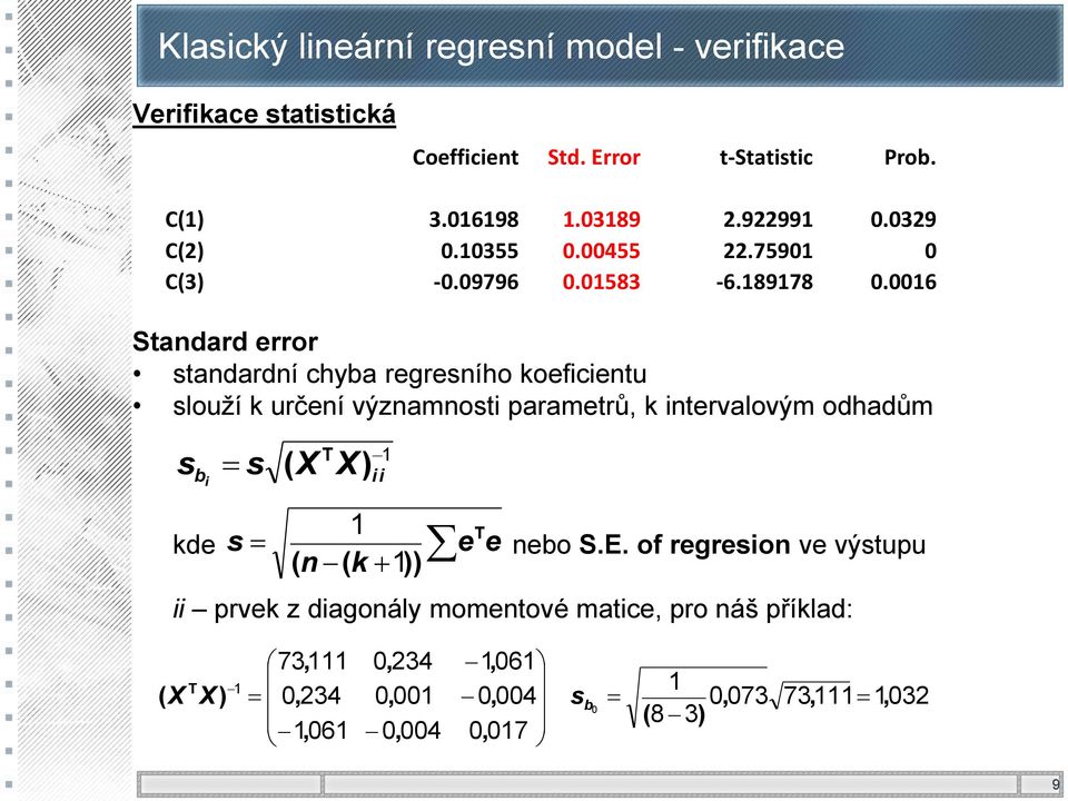 006 Standard error standardní chyba regresního koeficientu slouží k určení významnosti parametrů k intervalovým