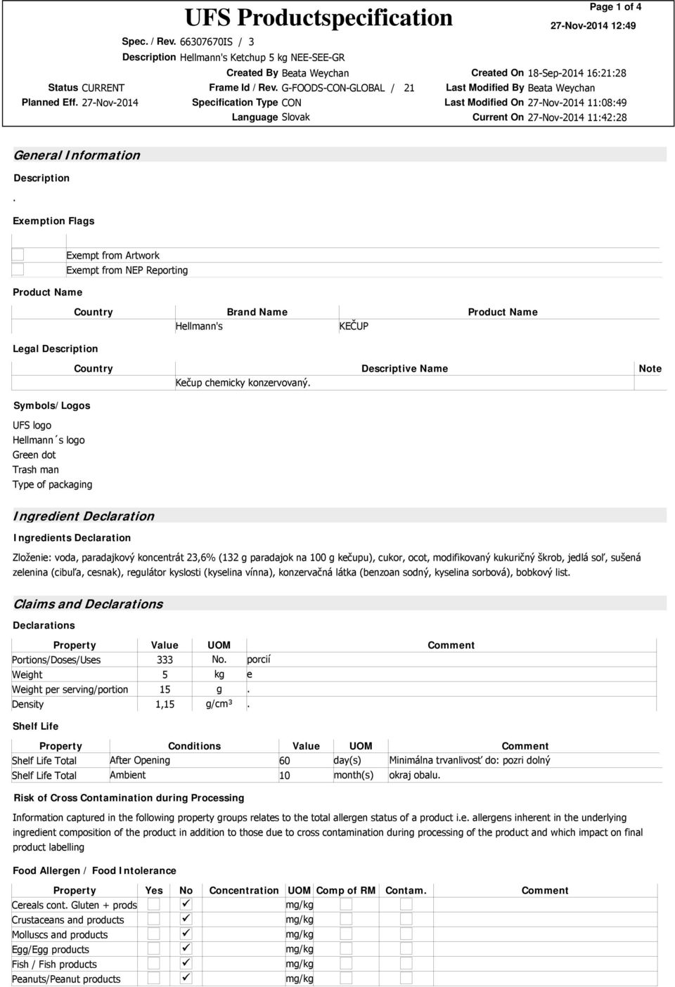 Legal Description Country Kečup chemicky konzervovaný Descriptive Name Note Symbols/Logos UFS logo Hellmann s logo Green dot Trash man Type of packaging Ingredient Declaration Ingredients Declaration