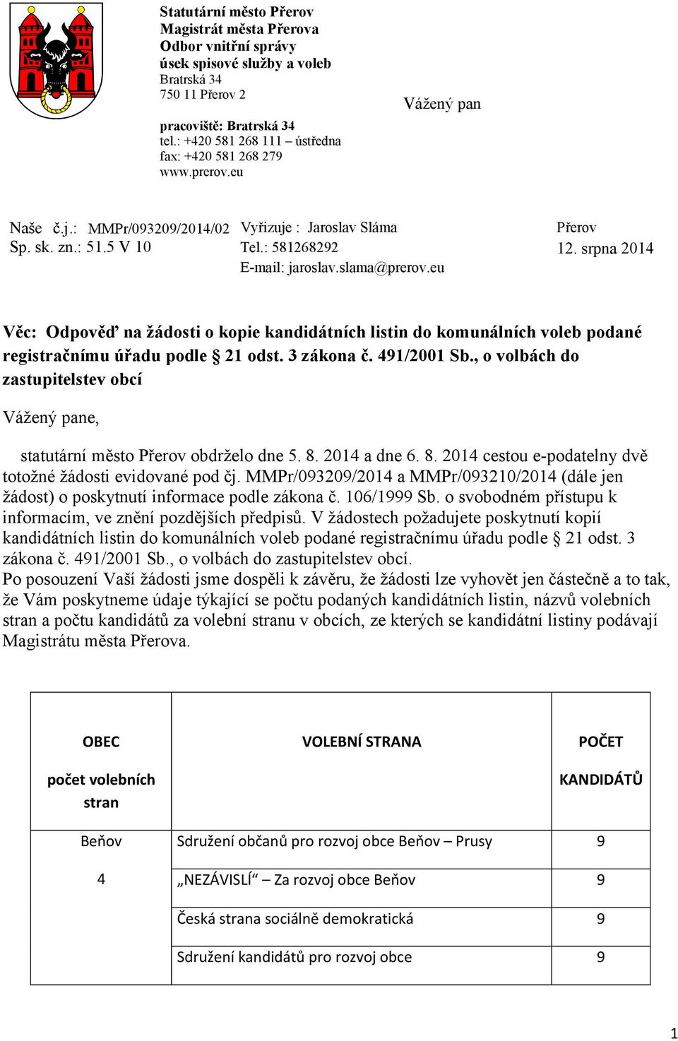 srpna 0 Věc: Odpověď na žádosti o kopie kandidátních listin do komunálních voleb podané registračnímu úřadu podle odst. zákona č. /00 Sb.