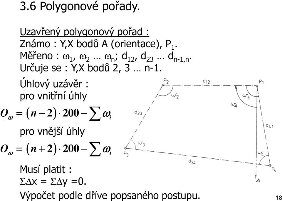 Měřeno : ω 1, ω 2 ω n ; d 12, d 23 d n-1,n. Určuje se : Y,X bodů 2, 3 n-1.