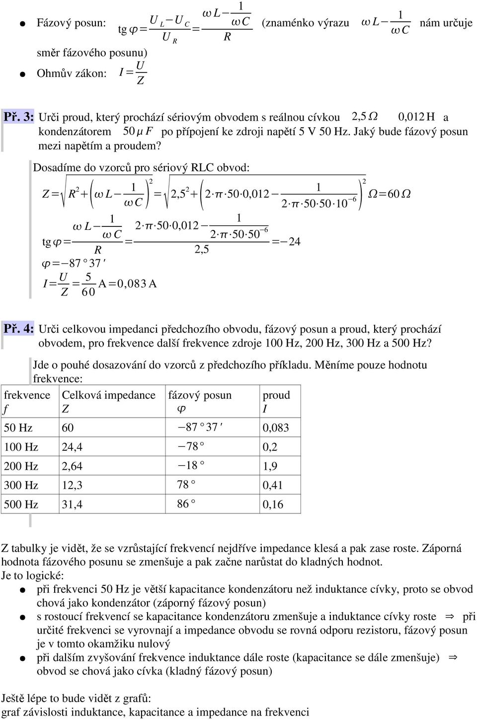 Dosadíme do vzorců pro sériový LC obvod: Z,5 50 0,01 1 6 60 50 50 10 1 50 0,01 C 50 50 6 tg 4,5 87 37 ' U Z 5 60 A0,083 A Př.