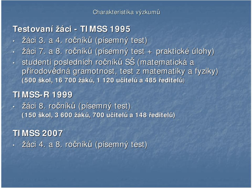test z matematiky a fyziky) (500 škol, 16 700 žáků,, 1 120 učitelu itelů a 485 ředitelů) TIMSS-R R 1999 žáci 8.