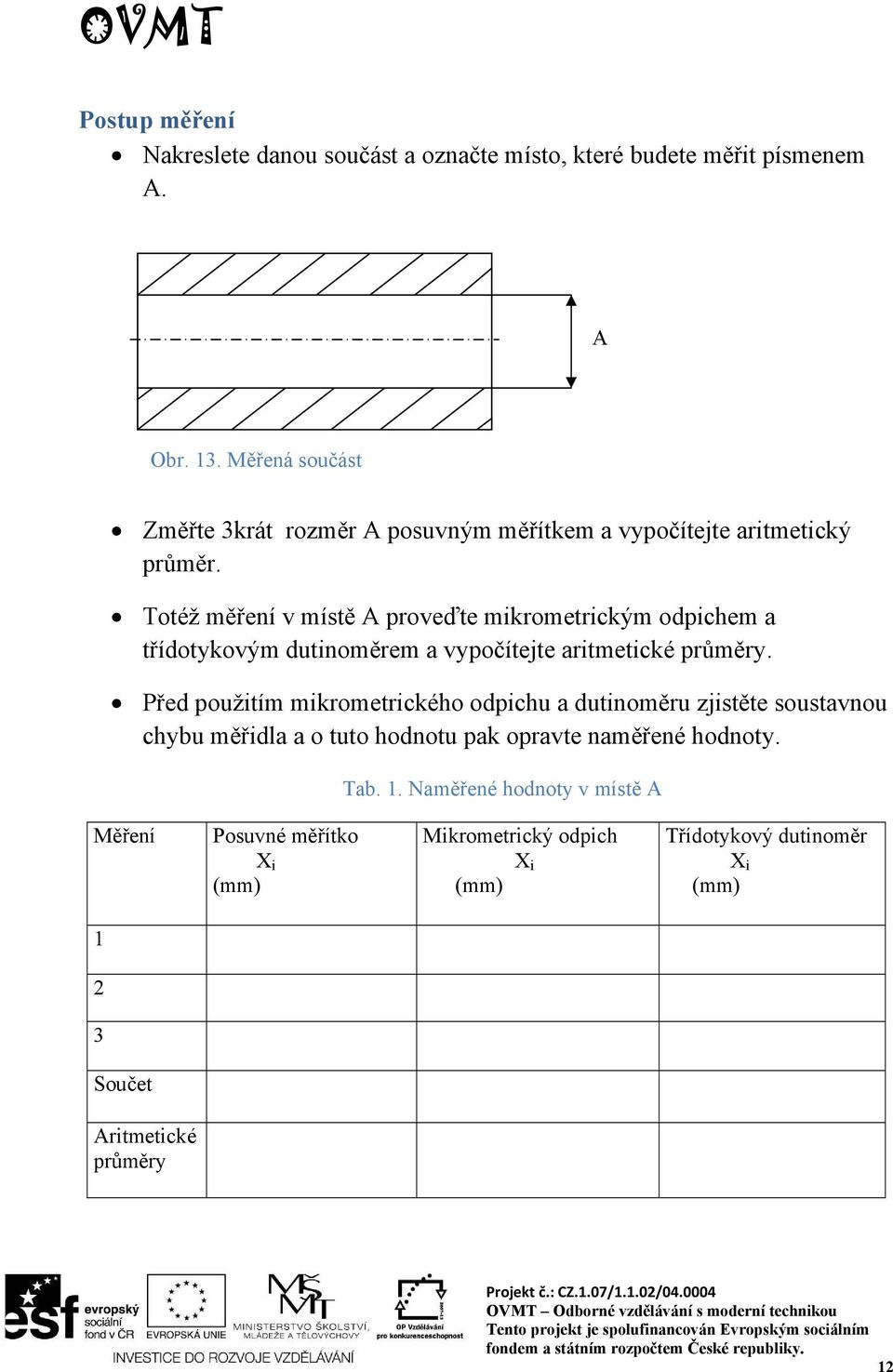 Totéž měření v místě A proveďte mikrometrickým odpichem a třídotykovým dutinoměrem a vypočítejte aritmetické průměry.