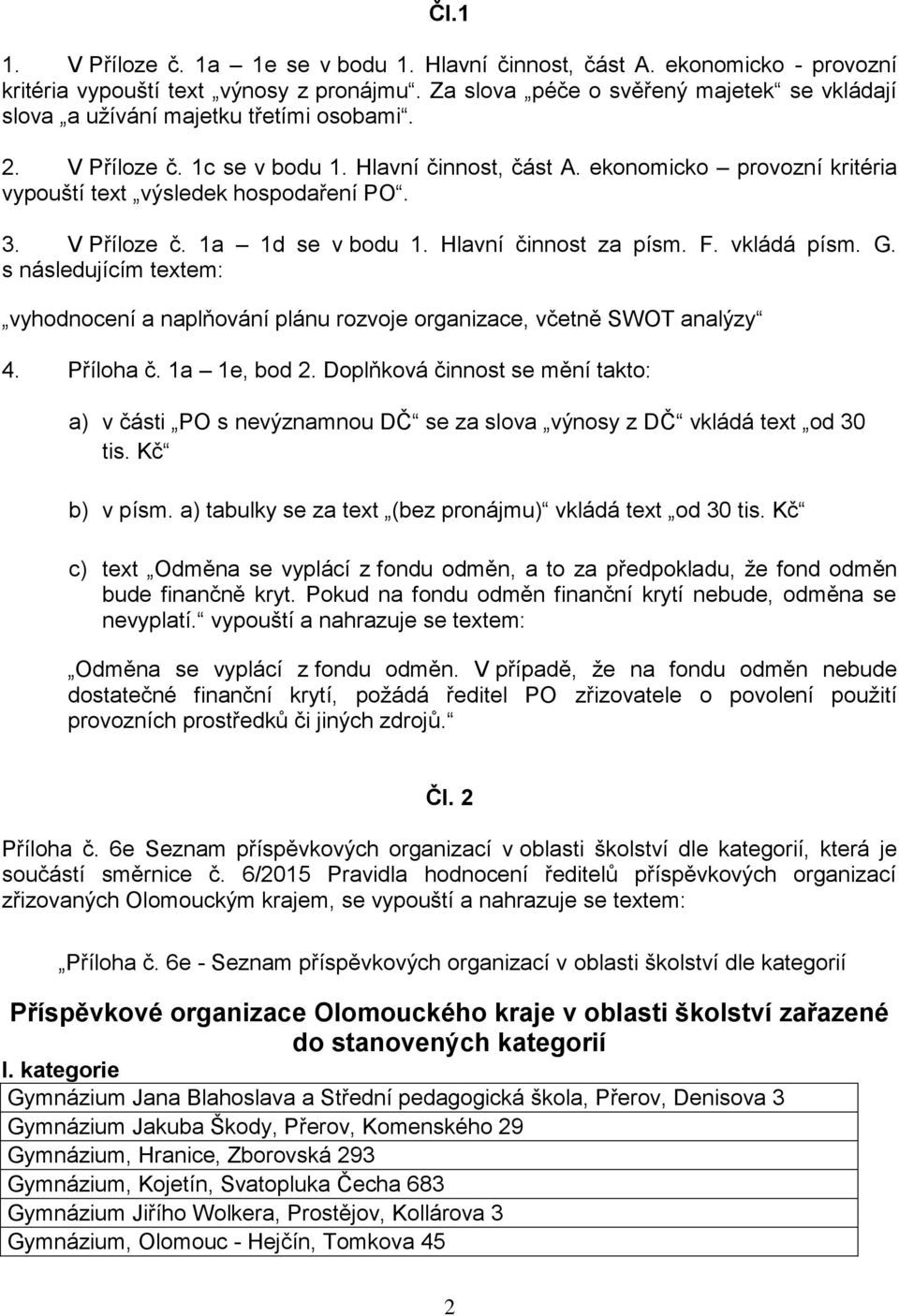 ekonomicko provozní kritéria vypouští text výsledek hospodaření PO. 3. V Příloze č. 1a 1d se v bodu 1. Hlavní činnost za písm. F. vkládá písm. G.