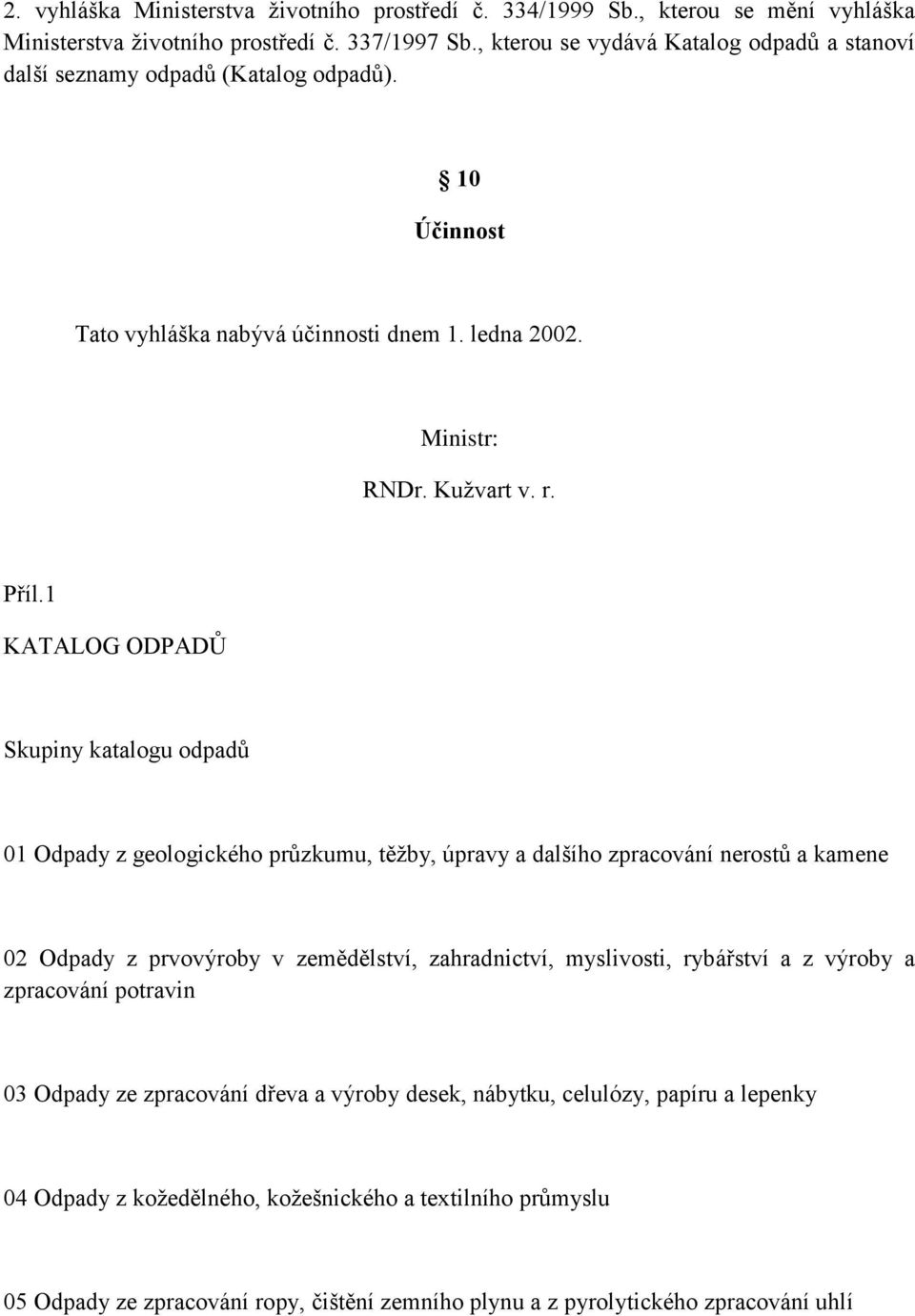 1 KATALOG ODPADŮ Skupiny katalogu odpadů 01 Odpady z geologického průzkumu, těžby, úpravy a dalšího zpracování nerostů a kamene 02 Odpady z prvovýroby v zemědělství, zahradnictví, myslivosti,