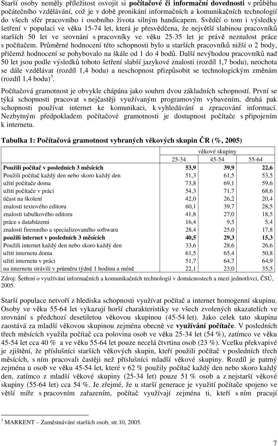 Svědčí o tom i výsledky šetření v populaci ve věku 15-74 let, která je přesvědčena, že největší slabinou pracovníků starších 5 let ve srovnání s pracovníky ve věku 25-35 let je právě neznalost práce