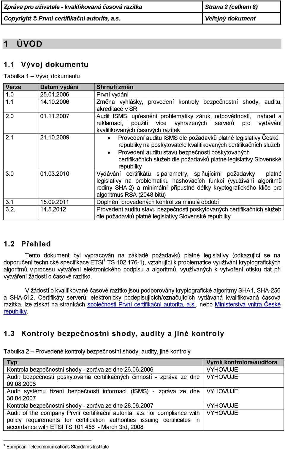 2007 Audit ISMS, upřesnění problematiky záruk, odpovědností, náhrad a reklamací, použití více vyhrazených serverů pro vydávání kvalifikovaných časových razítek 2.1 21.10.