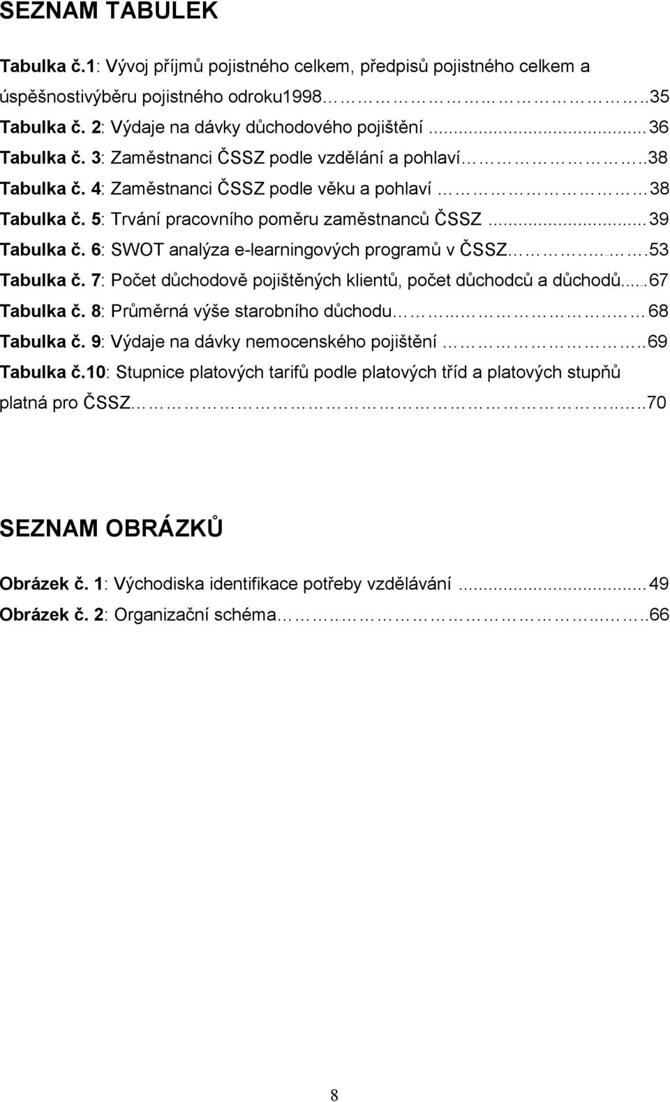 6: SWOT analýza e-learningových programů v ČSSZ.....53 Tabulka č. 7: Počet důchodově pojištěných klientů, počet důchodců a důchodů...67 Tabulka č. 8: Průměrná výše starobního důchodu.......68 Tabulka č.