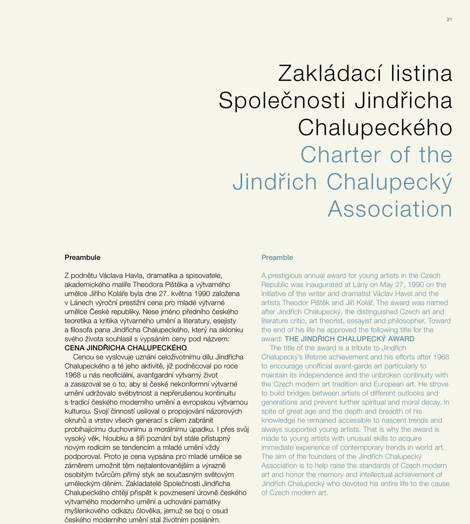 Nese jméno pfiedního ãeského teoretika a kritika v tvarného umûní a literatury, esejisty a filosofa pana Jindfiicha Chalupeckého, kter na sklonku svého Ïivota souhlasil s vypsáním ceny pod názvem: