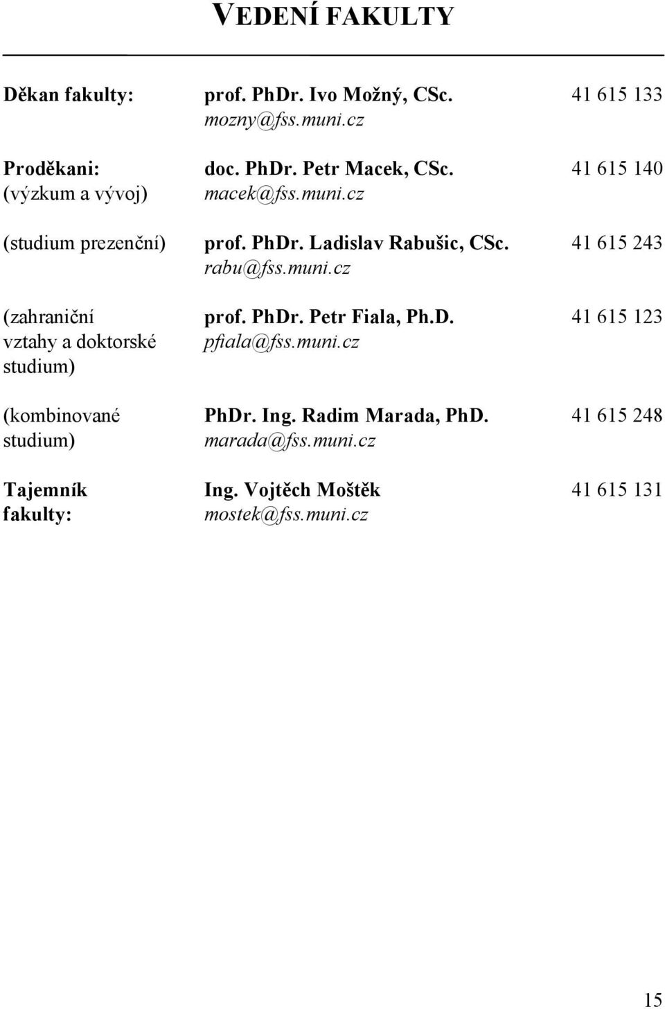 PhDr. Petr Fiala, Ph.D. 41 615 123 vztahy a doktorské pfiala@fss.muni.cz studium) (kombinované PhDr. Ing. Radim Marada, PhD.